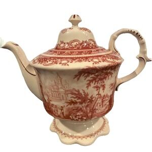 Vtg Burton & Burton "Red Toile" Decorative Porcelain Pedestal‎ 4 Cup Teapot